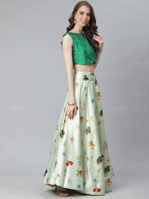 Green Digital Floral Print Satin Silk Fabric Semistitched Lehenga Choli With Jequared Unstitched Blouse with Dupatta 2