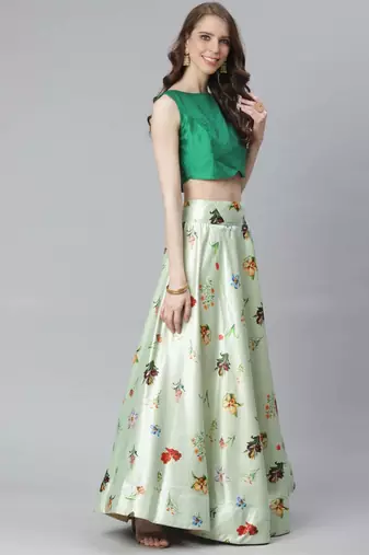 Green Digital Floral Print Satin Silk Fabric Semistitched Lehenga Choli With Jequared Unstitched Blouse with Dupatta
