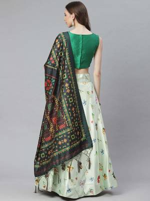 Green Digital Floral Print Satin Silk Fabric Semistitched Lehenga Choli With Jequared Unstitched Blouse with Dupatta 3