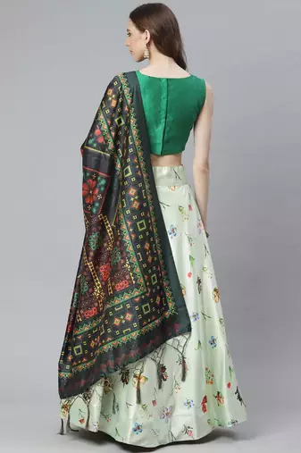Green Digital Floral Print Satin Silk Fabric Semistitched Lehenga Choli With Jequared Unstitched Blouse with Dupatta