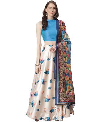 Green Digital Floral Print Satin Silk Fabric Semistitched Lehenga Choli With Jequared Unstitched Blouse with Dupatta 1