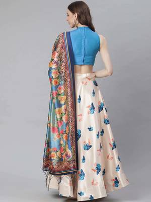 Green Digital Floral Print Satin Silk Fabric Semistitched Lehenga Choli With Jequared Unstitched Blouse with Dupatta 3