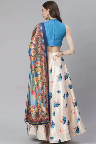 Green Digital Floral Print Satin Silk Fabric Semistitched Lehenga Choli With Jequared Unstitched Blouse with Dupatta