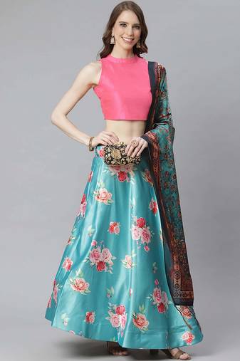 sky blue digital floral print satin silk lehenga choli with dupatta