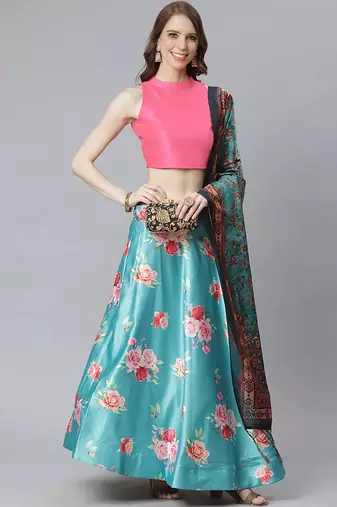 sky blue digital floral print satin silk lehenga choli with dupatta