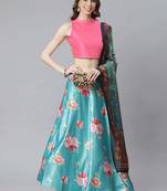 sky blue digital floral print satin silk lehenga choli with dupatta