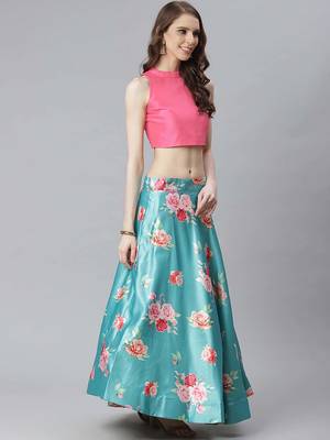 sky blue digital floral print satin silk lehenga choli with dupatta 2