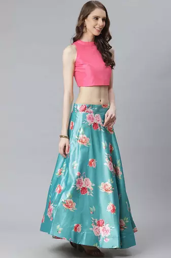 sky blue digital floral print satin silk lehenga choli with dupatta