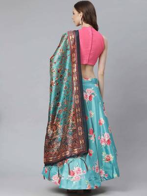 sky blue digital floral print satin silk lehenga choli with dupatta 3