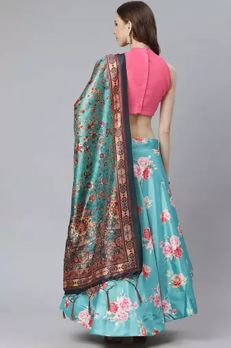 sky blue digital floral print satin silk lehenga choli with dupatta