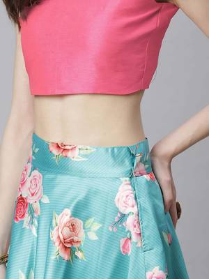 sky blue digital floral print satin silk lehenga choli with dupatta 4