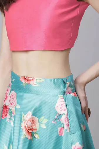 sky blue digital floral print satin silk lehenga choli with dupatta
