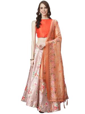 Orange Digital Floral Print Satin Silk Fabric Semistitched Lehenga Choli With Jequared Unstitched Blouse with Dupatta 1