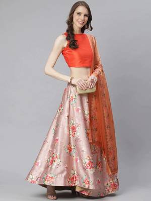 Orange Digital Floral Print Satin Silk Fabric Semistitched Lehenga Choli With Jequared Unstitched Blouse with Dupatta 2