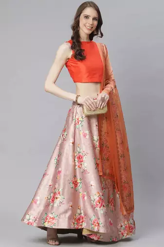 Orange Digital Floral Print Satin Silk Fabric Semistitched Lehenga Choli With Jequared Unstitched Blouse with Dupatta