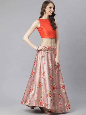 Orange Digital Floral Print Satin Silk Fabric Semistitched Lehenga Choli With Jequared Unstitched Blouse with Dupatta 3