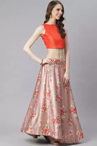 Orange Digital Floral Print Satin Silk Fabric Semistitched Lehenga Choli With Jequared Unstitched Blouse with Dupatta