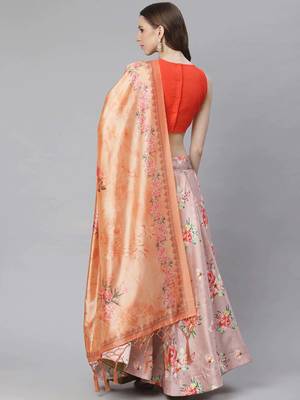Orange Digital Floral Print Satin Silk Fabric Semistitched Lehenga Choli With Jequared Unstitched Blouse with Dupatta 4