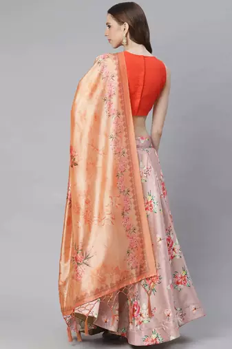 Orange Digital Floral Print Satin Silk Fabric Semistitched Lehenga Choli With Jequared Unstitched Blouse with Dupatta