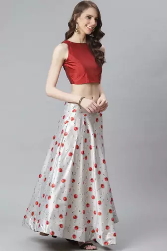 Maroon Digital Floral Print Satin Silk Fabric Semistitched Lehenga Choli With Jequared Unstitched Blouse with Dupatta