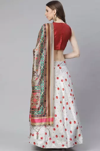 Maroon Digital Floral Print Satin Silk Fabric Semistitched Lehenga Choli With Jequared Unstitched Blouse with Dupatta
