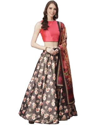 Pink Digital Floral Print Satin Silk Fabric Semistitched Lehenga Choli With Jequared Unstitched Blouse with Dupatta 1