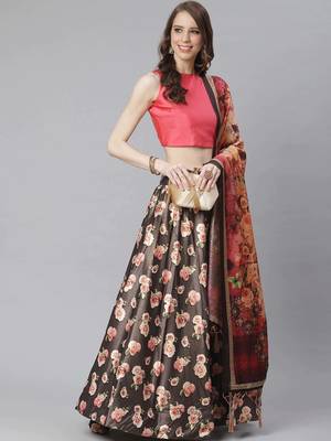 Pink Digital Floral Print Satin Silk Fabric Semistitched Lehenga Choli With Jequared Unstitched Blouse with Dupatta 2