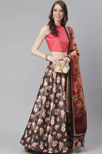 Pink Digital Floral Print Satin Silk Fabric Semistitched Lehenga Choli With Jequared Unstitched Blouse with Dupatta