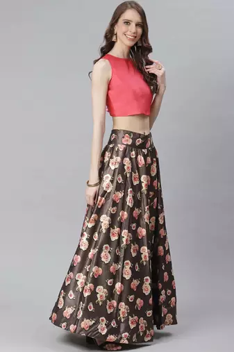 Pink Digital Floral Print Satin Silk Fabric Semistitched Lehenga Choli With Jequared Unstitched Blouse with Dupatta
