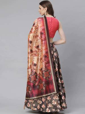 Pink Digital Floral Print Satin Silk Fabric Semistitched Lehenga Choli With Jequared Unstitched Blouse with Dupatta 4