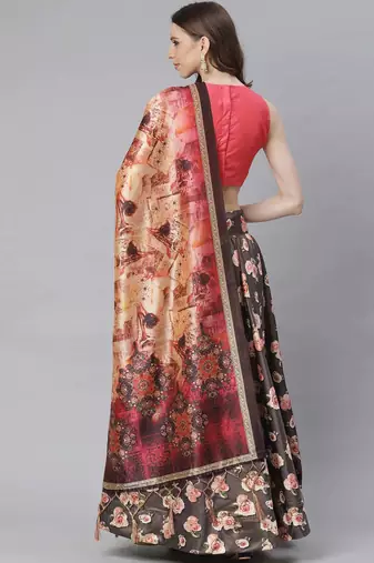 Pink Digital Floral Print Satin Silk Fabric Semistitched Lehenga Choli With Jequared Unstitched Blouse with Dupatta