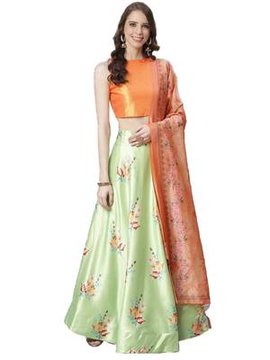 Orange Digital Floral Print Satin Silk Fabric Semistitched Lehenga Choli With Jequared Unstitched Blouse with Dupatta 1
