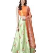 Orange Digital Floral Print Satin Silk Fabric Semistitched Lehenga Choli With Jequared Unstitched Blouse with Dupatta