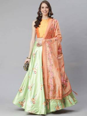 Orange Digital Floral Print Satin Silk Fabric Semistitched Lehenga Choli With Jequared Unstitched Blouse with Dupatta 2