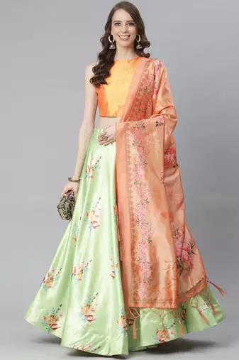 Orange Digital Floral Print Satin Silk Fabric Semistitched Lehenga Choli With Jequared Unstitched Blouse with Dupatta