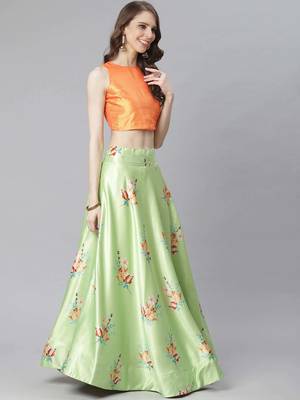 Orange Digital Floral Print Satin Silk Fabric Semistitched Lehenga Choli With Jequared Unstitched Blouse with Dupatta 3