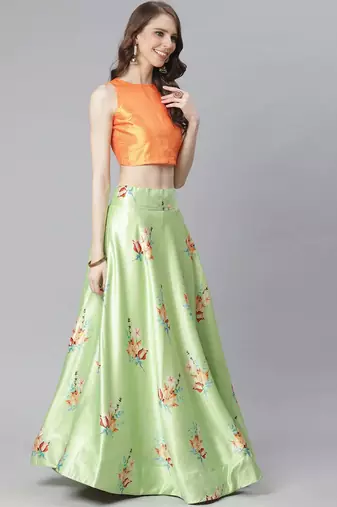 Orange Digital Floral Print Satin Silk Fabric Semistitched Lehenga Choli With Jequared Unstitched Blouse with Dupatta