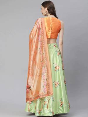 Orange Digital Floral Print Satin Silk Fabric Semistitched Lehenga Choli With Jequared Unstitched Blouse with Dupatta 4