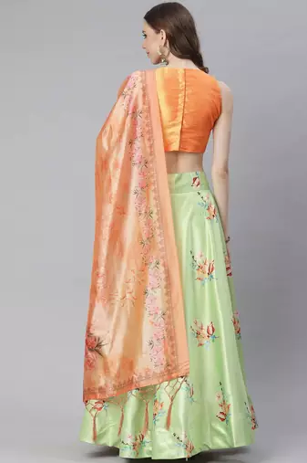 Orange Digital Floral Print Satin Silk Fabric Semistitched Lehenga Choli With Jequared Unstitched Blouse with Dupatta
