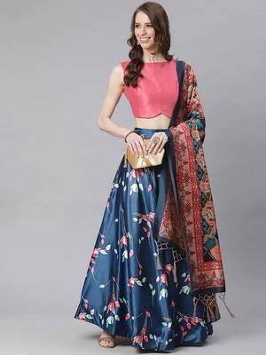 navy blue digital floral print satin silk lehenga choli with dupatta 1