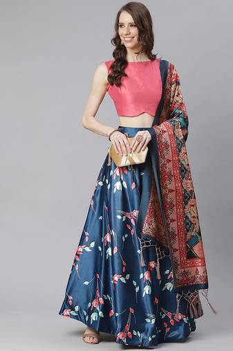 navy blue digital floral print satin silk lehenga choli with dupatta