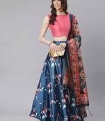 navy blue digital floral print satin silk lehenga choli with dupatta
