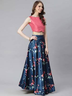 navy blue digital floral print satin silk lehenga choli with dupatta 2