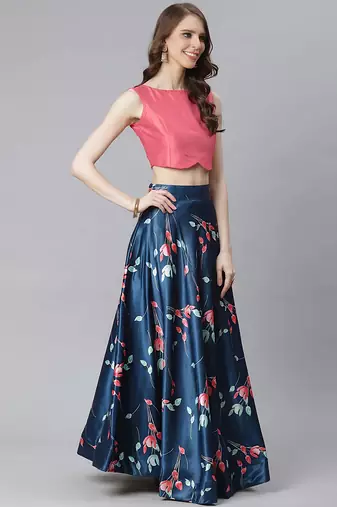 navy blue digital floral print satin silk lehenga choli with dupatta