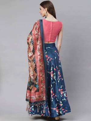 navy blue digital floral print satin silk lehenga choli with dupatta 3