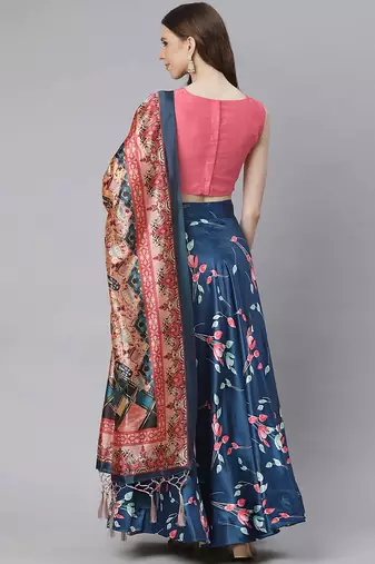 navy blue digital floral print satin silk lehenga choli with dupatta