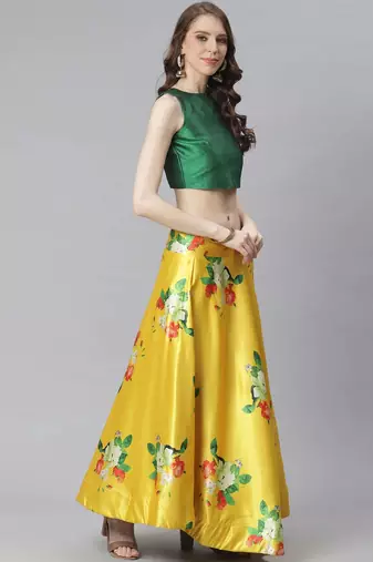 yellow floral lehenga with green blouse & dupatta