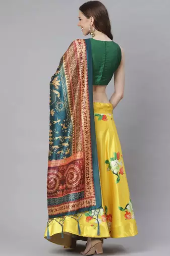 yellow floral lehenga with green blouse & dupatta