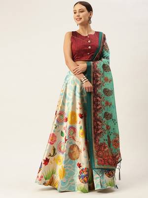 Maroon Digital Floral Print Satin Silk Fabric Semistitched Lehenga Choli With Jequared Unstitched Blouse with Dupatta 1