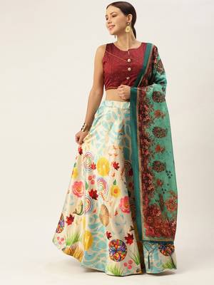 Maroon Digital Floral Print Satin Silk Fabric Semistitched Lehenga Choli With Jequared Unstitched Blouse with Dupatta 4